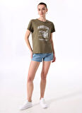 Fabrika Bisiklet Yaka Baskılı Haki Kadın T-Shirt F5SL-TST0448