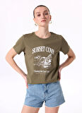Fabrika Bisiklet Yaka Baskılı Haki Kadın T-Shirt F5SL-TST0448