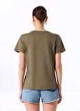 Fabrika Bisiklet Yaka Baskılı Haki Kadın T-Shirt F5SL-TST0448