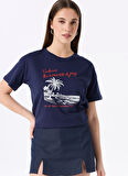 Fabrika Bisiklet Yaka Baskılı Lacivert Kadın T-Shirt F5SL-TST0465