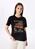 Fabrika Bisiklet Yaka Baskılı Siyah Kadın T-Shirt F5SL-TST0463