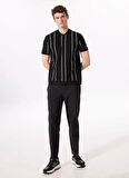 Siyah Erkek Polo Yaka Relaxed Çizgili Kazak F5SM-KZK 2072