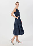 Lacivert Kadın V Yaka Askılı Uzun Elbise M5SL-ELB1623