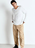Beyaz Erkek V Yaka Oversize T-Shirt MSON02FGE25BLANC