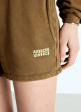 American Vintage Lastikli Bel Düz Haki Kadın Şort IZU09AE25_ARGILE VINTA