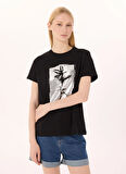 Limon Yuvarlak Yaka Baskılı Siyah Kadın T-Shirt L5SL-TST5816