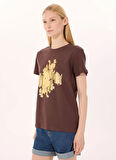 Limon Yuvarlak Yaka Baskılı Kahve Kadın T-Shirt L5SL-TST5814