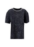 Fabrika Bisiklet Yaka Taşlı Antrasit Kadın T-Shirt F5WL-TST0243