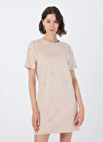 Fabrika Bisiklet Yaka Taşlı Bej Mini Kadın Elbise F5WL-ELB0114
