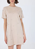 Fabrika Bisiklet Yaka Taşlı Bej Mini Kadın Elbise F5WL-ELB0114