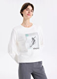 Discovery Expedition D5WL-SWT3613 Beyaz Bisiklet Yaka Relaxed Baskılı Kadın Sweatshırt
