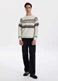 Fabrika Bisiklet Yaka Slim Fit Desenli Ekru Erkek Kazak F5WM-KZK 2541