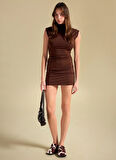People By Fabrika Yuvarlak Yaka Düz Kahve Mini Kadın Elbise PBF5WL-ELB0115