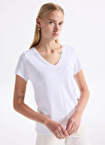 American Vintage V Yaka Beyaz Kadın T-Shirt SON33H25BLANC