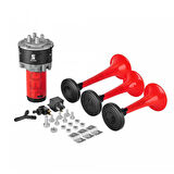 SEGER-80Kh Kompresörlü Korna 12V, Kırmızı Renkli Plastik Borulu, Melodili