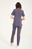 Füme Likralı Zarf Yaka Scrubs Doktor Hemşire Forması Takım Unisex