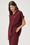 Bordo Likralı Scrubs Doktor Hemşire Forması Yarasa Kol Takım Unisex