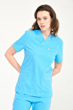 Bebe Mavi Likralı Zarf Yaka Scrubs Doktor Hemşire Forması Tek Üst Unisex
