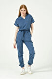 İndigo Likralı Scrubs Jogger Paça Doktor Hemşire Forması Yarasa Kol Takım Unisex
