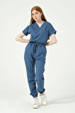İndigo Likralı Scrubs Jogger Paça Doktor Hemşire Forması Yarasa Kol Takım Unisex