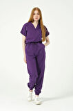 Mor Likralı Scrubs Jogger Paça Doktor Hemşire Forması Yarasa Kol Takım Unisex