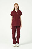Bordo Likralı Scrubs Kargo Cep Doktor Hemşire Forması Yarasa Kol Takım Unisex