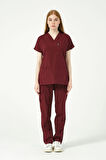 Bordo Likralı Scrubs Kargo Cep Doktor Hemşire Forması Yarasa Kol Takım Unisex