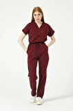 Bordo Likralı Scrubs Kargo Cep Doktor Hemşire Forması Yarasa Kol Takım Unisex