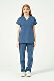 İndigo Likralı Scrubs Kargo Cep Doktor Hemşire Forması Yarasa Kol Takım Unisex