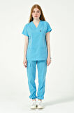 Bebe Mavi Likralı Scrubs Kargo Cep Jogger Paça Doktor Hemşire Forması Yarasa Kol Takım Unisex