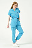 Bebe Mavi Likralı Scrubs Kargo Cep Jogger Paça Doktor Hemşire Forması Yarasa Kol Takım Unisex