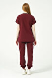 Bordo Likralı Scrubs Kargo Cep Jogger Paça Doktor Hemşire Forması Yarasa Kol Takım Unisex