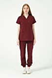 Bordo Likralı Scrubs Kargo Cep Jogger Paça Doktor Hemşire Forması Yarasa Kol Takım Unisex