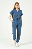 İndigo Likralı Scrubs Kargo Cep Jogger Paça Doktor Hemşire Forması Yarasa Kol Takım Unisex