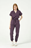 Mürdüm Likralı Scrubs Kargo Cep Jogger Paça Doktor Hemşire Forması Yarasa Kol Takım Unisex