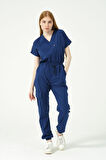 Saks Mavi Likralı Scrubs Kargo Cep Jogger Paça Doktor Hemşire Forması Yarasa Kol Takım Unisex