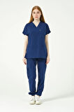 Saks Mavi Likralı Scrubs Kargo Cep Jogger Paça Doktor Hemşire Forması Yarasa Kol Takım Unisex