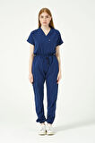 Saks Mavi Likralı Scrubs Kargo Cep Jogger Paça Doktor Hemşire Forması Yarasa Kol Takım Unisex