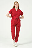 Kırmızı Likralı Jogger Paça Doktor Hemşire Forması Tek Alt Unisex