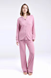 Kadın Pembe Gömlek Pijama Takım