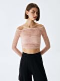 Dantel Omuzu Açık Crop Top Pembe Sweatshırt