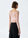 Dantel Omuzu Açık Crop Top Pembe Sweatshırt