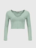 V Yaka Uzun Kollu Crop Yeşil Sweatshırt