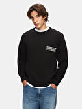 Sloganlı Sıfır Yaka Uzun Kollu Regular Fit Siyah Sweatshırt