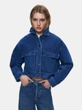 Skyla Önü Cepli Crop Koyu Mavi Jean Ceket