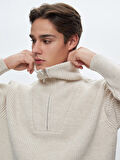 Yarım Fermuarlı Triko Bej Kazak