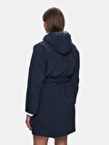 Uzun Kollu Beli Lastikli Kapüşonlu Lacivert Mont