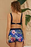 Şortlu Bikini Takımı Toparlayıcı Lacivert Çiçek Desenli