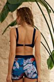 Şortlu Bikini Takımı Toparlayıcı Lacivert Mavi Yapraklı
