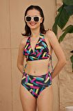 Bikini Takımı Toparlayıcı Siyah Fırça Desenli